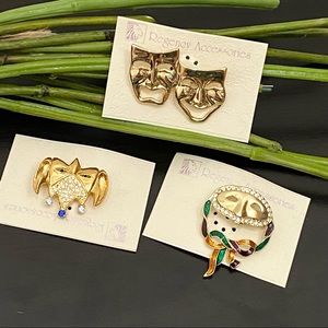 Lot 3 Clown Comedy Tragedy Mardigras Masquerade Masks Pin Brooch NOS